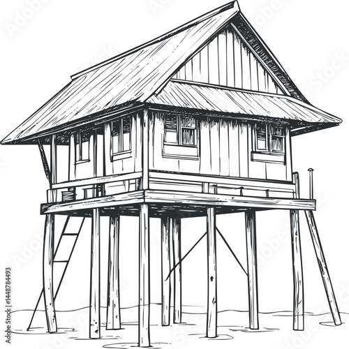 Black and white sketch of a wooden house elevated on stilts with a thatched roof and ladder