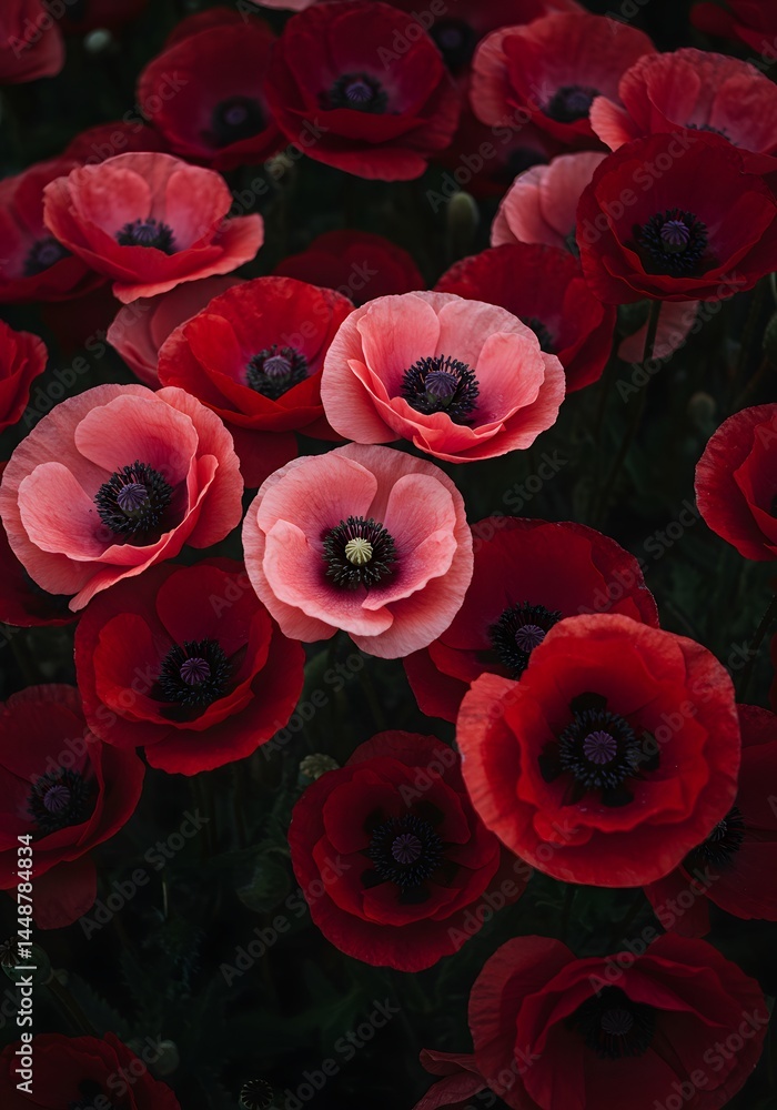 Crimson and Blush: An Enchanting Assemblage of Poppy Blossoms, Capturing Nature's Delicate Beauty and the Rich Tapestry of Floral Shades in a Darkened Scene Crimson and Blush: An Enchanting Assemblage of Poppy Blossoms, Capturing Nature's Delicate Beauty and the Rich Tapestry of Floral Shades in a Darkened Scene