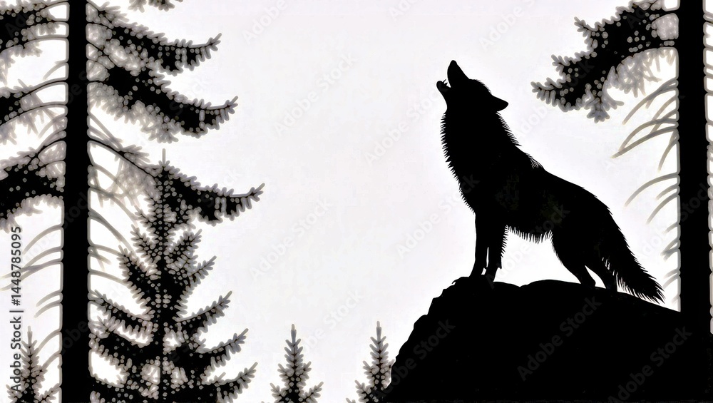 Wolf Howling at the Moon Standing on Rock Silhouette
Wolf Howling at the Moon Standing on Rock Silhouette