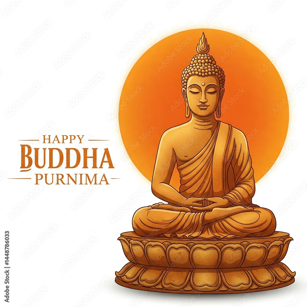 Fototapeta premium Minimalist Happy Buddha Purnima Illustration Featuring Meditating Lord Buddha on Lotus with Glowing Aura – Spiritual Peaceful Design for Buddhist Festival Greetings, Posters, Cards, and Digital Use