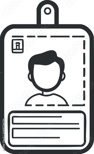 Black and white icon of an identification badge with a faceless male avatar and text fields for name and details