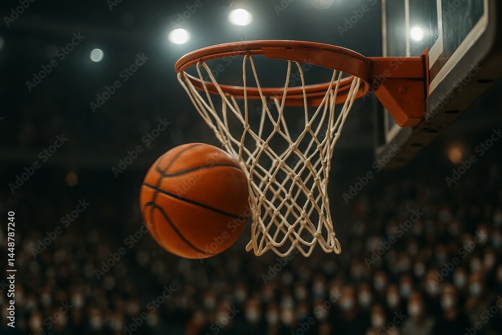 Basketball swishing through net in a packed arena Basketball swishing through net in a packed arena