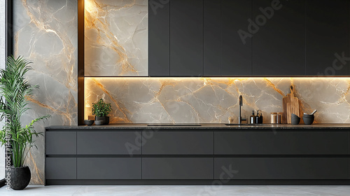Modern kitchen design with black cabinets marble backsplash and led lighting interior design inspiration