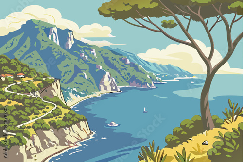 96 Amalfi Coast panorama, stunning blue Mediterranean Sea, dramatic cliffside landscape, lush green vegetation, rugged coastal mountains, azure waters, puffy white clouds, sunny day, vibrant colors, a