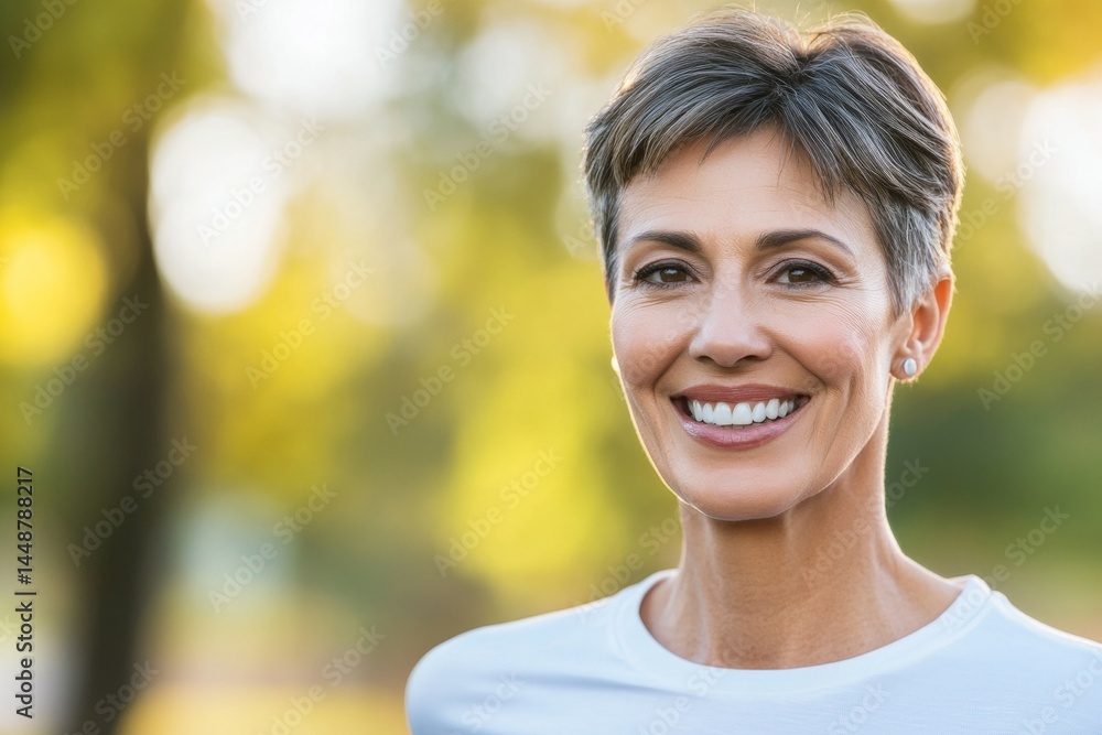 Woman with a short haircut and a white shirt is smiling Woman with a short haircut and a white shirt is smiling