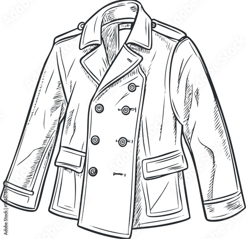 Black and white line art illustration of a men's double-breasted jacket with buttons and pockets