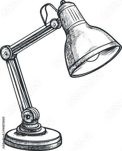 Detailed black and white sketch of an adjustable vintage desk lamp with a bulb inside suitable for office or study lighting