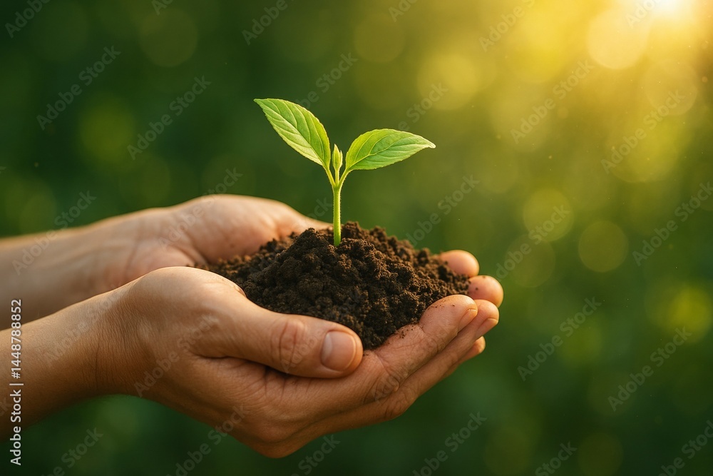 Hands holding seedling in fertile soil with sunlight in the background Hands holding seedling in fertile soil with sunlight in the background