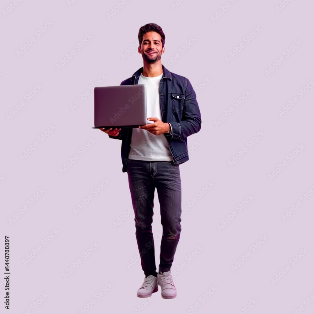 Smiling man holding laptop animation isolated asset, transparent 4K video, alpha channel, ProRes 4444 Smiling man holding laptop animation isolated asset, transparent 4K video, alpha channel, ProRes 4444