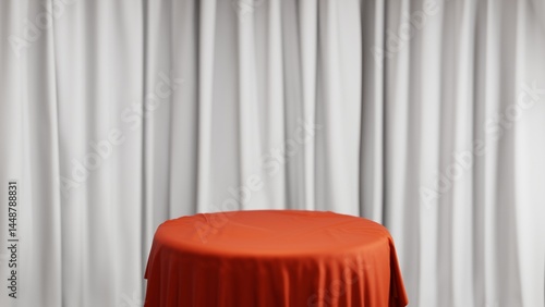 Red glossy round podium table with modern abstract debossed circle background for luxury beauty, cosmetic, skincare, body care, fashion product display. Valentine’s day, Chinese New Year day 3D