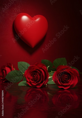A Romantic Still Life: Crimson Roses and a Heart Symbolizing Affection and Passion, set against a deep red backdrop, evoking love and sentimentality