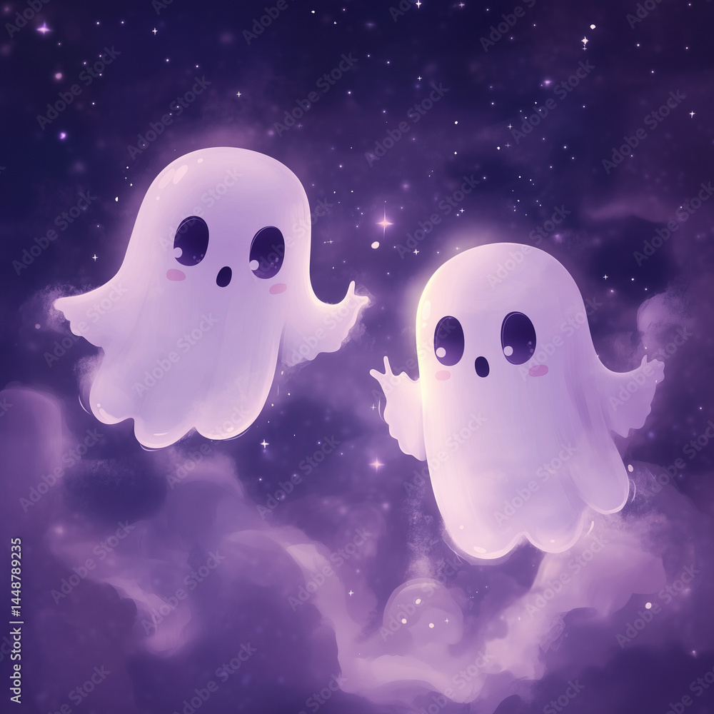 Cute Ghosts Floating in Purple Fog Cute Ghosts Floating in Purple Fog