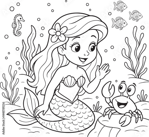 Coloring page for kids with a llittle Mermaid and a crab
