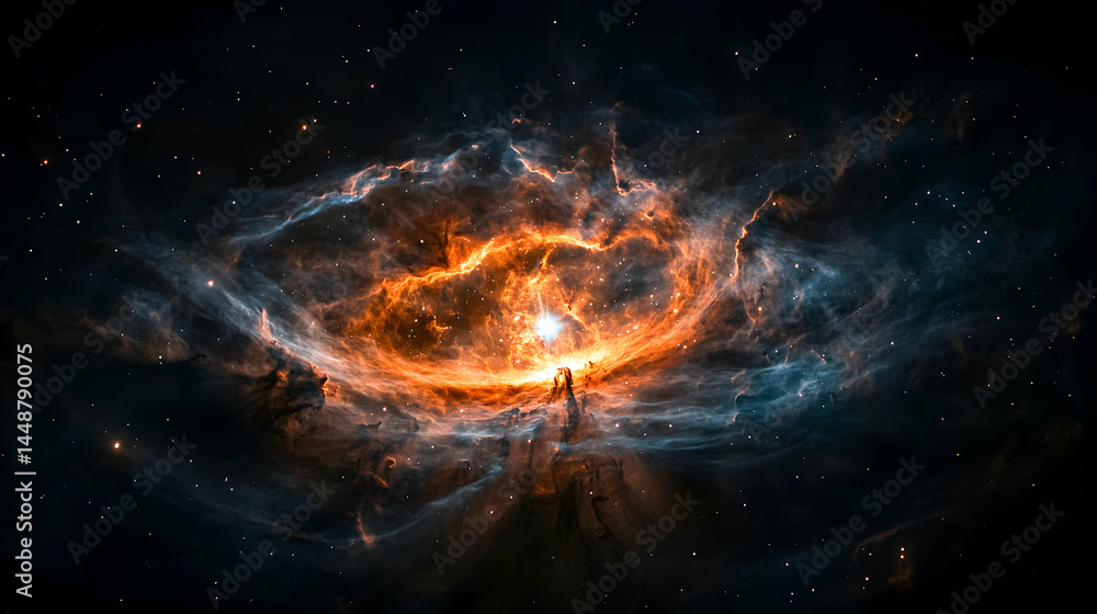 Cosmic nebula with vibrant orange and blue hues a beautiful depiction of interstellar gas. Perfect as a desktop wallpaper or for science fiction projects. Cosmic nebula with vibrant orange and blue hues a beautiful depiction of interstellar gas. Perfect as a desktop wallpaper or for science fiction projects.