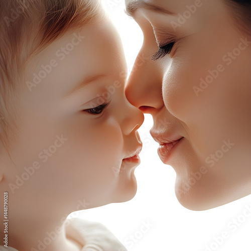 Close-up of mother kissing her child's forehead, gentle expression, realistic skin textures, soft lighting, isolated on bright white background, UHD.
