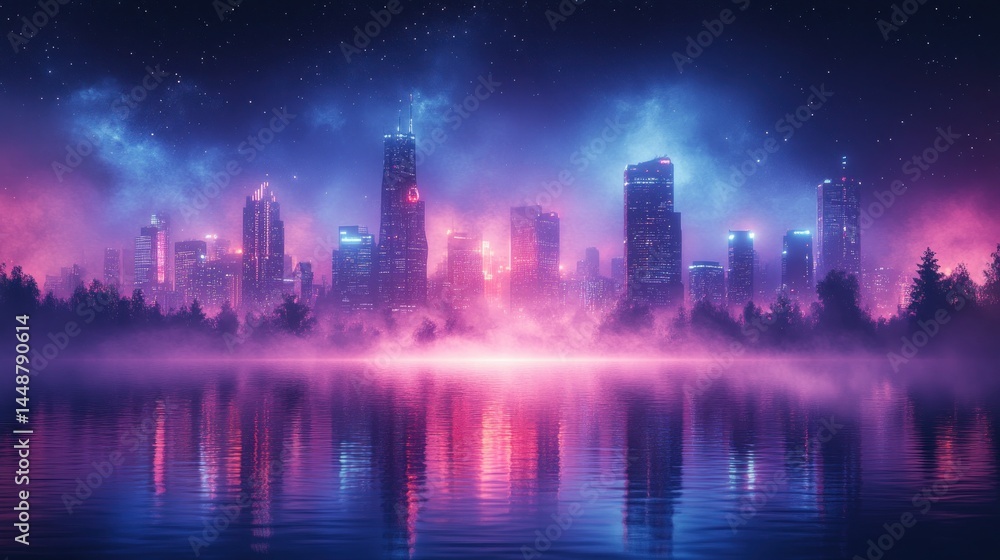 Fototapeta premium Neon city skyline reflected on misty lake