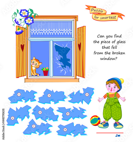 Can you find the piece of glass that fell from the broken window? Find the matching shard. Logic puzzle game for smartest. Page for brain teaser book. Developing spatial thinking. Flat vector drawing