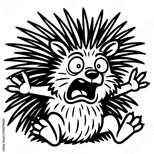 Cartoon porcupine with wide eyes, open mouth, raised arms and sharp quills in a scared expression, black and white vector illustration