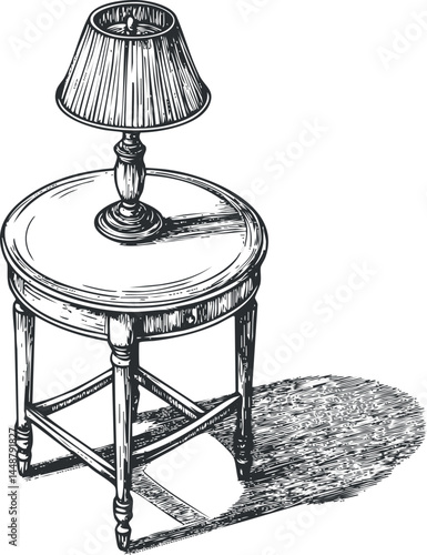 Black and white hand drawn illustration of a classic wooden side table with a lamp casting a shadow