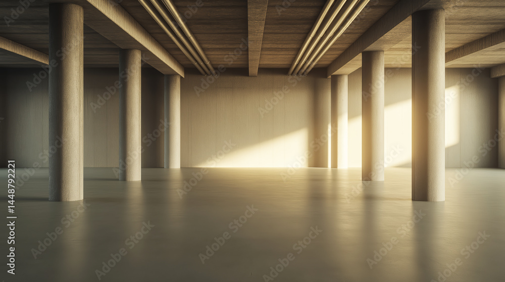 Fototapeta premium Soft sunlight streaming through spacious industrial loft, revealing concrete columns, exposed metal ductwork, minimalist interior design
