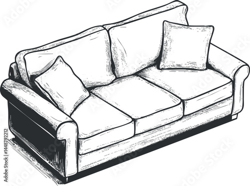 Hand drawn sketch of a three-seater sofa with cushions, ideal for living room furniture and home comfort.