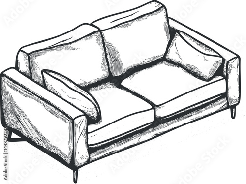 Hand-drawn black and white sketch of a modern sofa with cushions for living room seating