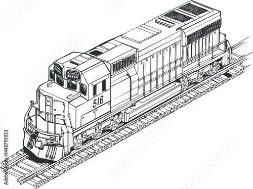 Detailed black and white line drawing of a diesel locomotive train on railroad tracks, illustrating industrial rail transport and freight movement.