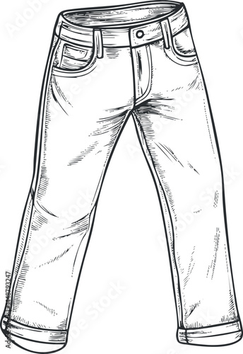 Hand drawn sketch of casual denim jeans with folded cuffs and button closure on white background.
