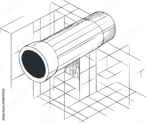 Technical line drawing of a cylindrical pipe with hollow interior and structural support in geometric perspective