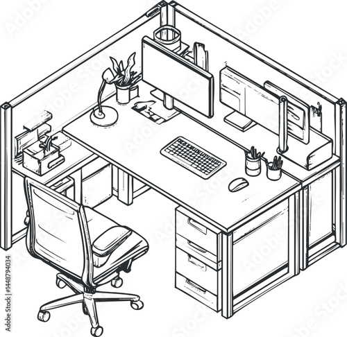 Isometric black and white line sketch of a modern office workspace with desk, chair, computer, and accessories