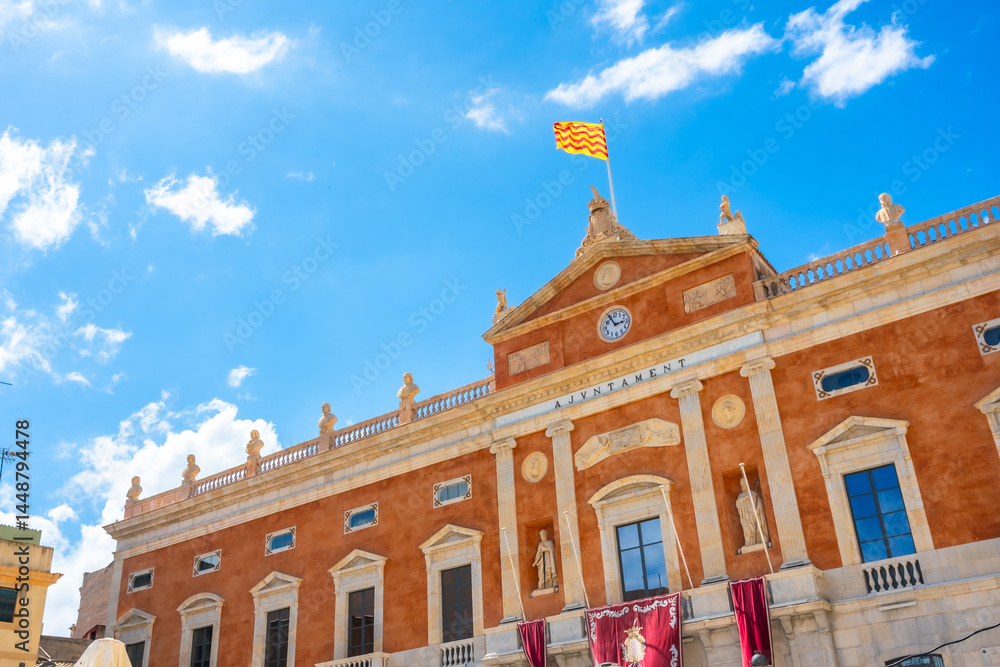 Catalan flag waving over tarragona city hall in spain