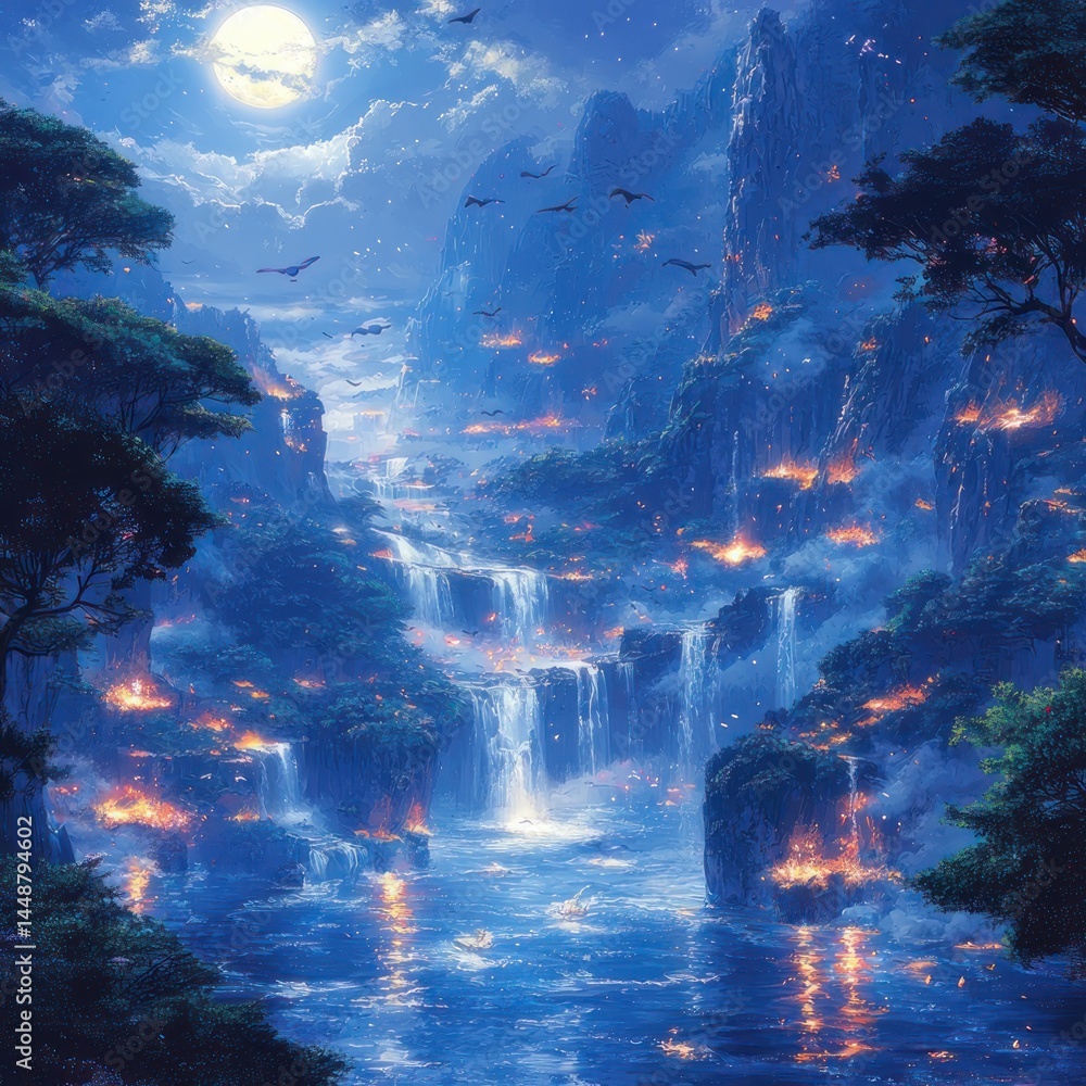 Obraz premium Moonlit Waterfalls and Cliffs with Birds and Fire in a Dreamy Landscape