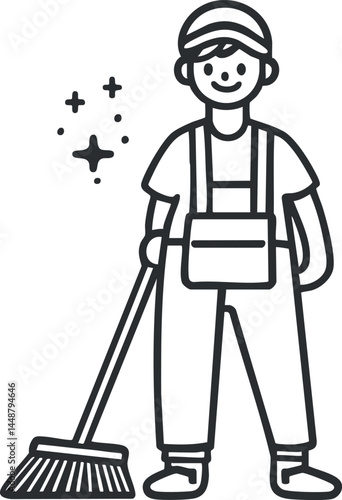 Outline illustration of a smiling janitor in uniform holding a broom for cleaning tasks