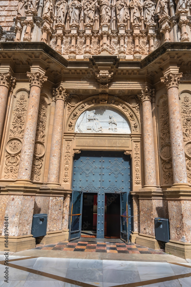 Montserrat monastery entrance showing sculptures and architectural details