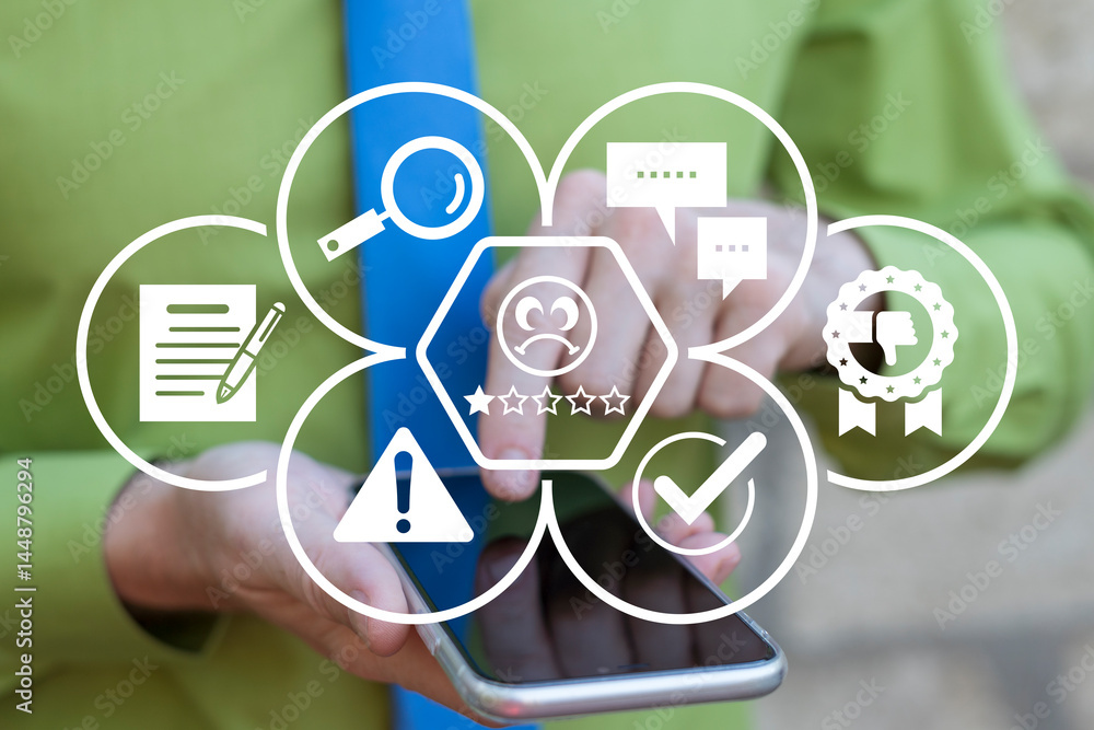 Business person using phone and virtual touch screen sees icon: sad face and one star. Concept of client complaints, bad rating review, experience negative, low quality service, unhappy customers.