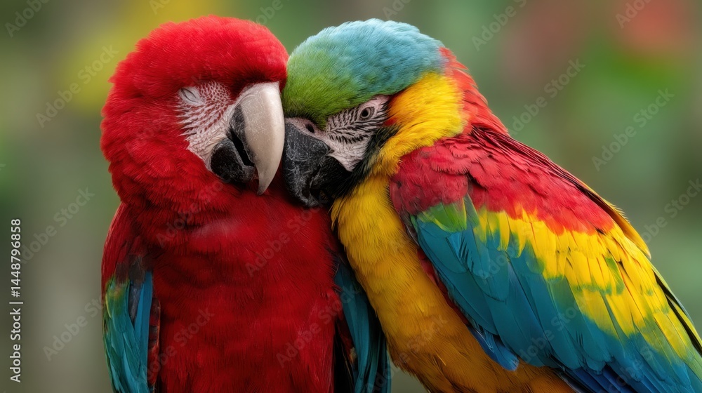 Macaw Pair: Affectionate Moment in Vibrant Plumage Macaw Pair: Affectionate Moment in Vibrant Plumage