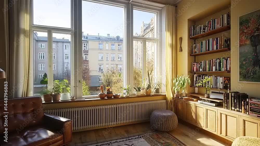 Sunlit room with large windows, plants, bookcase, and leather armchair. Cozy and inviting Sunlit room with large windows, plants, bookcase, and leather armchair. Cozy and inviting