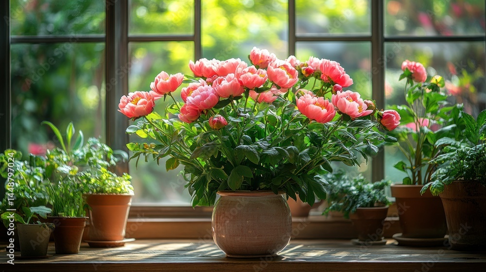 Pink peonies on a windowsill Pink peonies on a windowsill