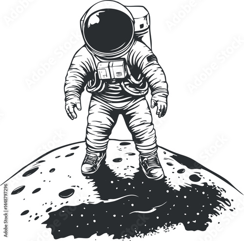 Black and white illustration of an astronaut standing on the moon surface in a space suit with helmet and backpack