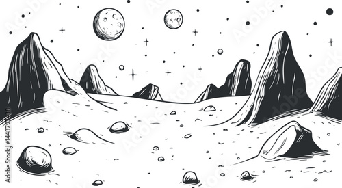 Black and white illustration of a rocky alien landscape with multiple moons and stars in the sky