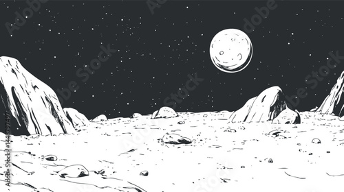 Black and white illustration of a rocky moon surface with craters under starry night sky and a visible planet