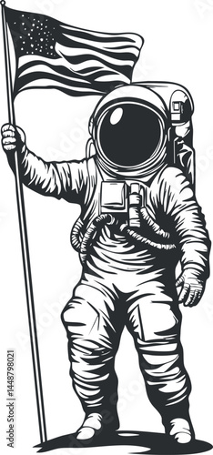 Black and white illustration of an astronaut holding an American flag standing on a surface.