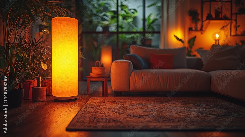 Fototapeta premium Cozy Living Room with Warm Lighting and Indoor Plants at Evening