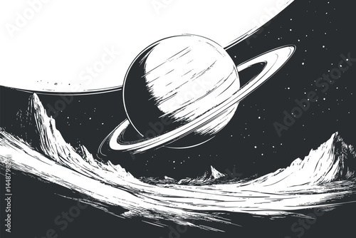 Black and white sketch of a ringed planet seen from the rocky surface of a nearby moon or asteroid in outer space