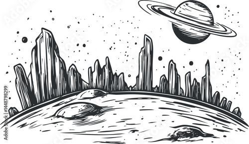 Black and white sketch of an alien planet with rocky formations and Saturn-like ringed planet in space