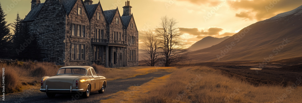 Majestic Manor in Scottish Highlands at Sunset with Vintage Car