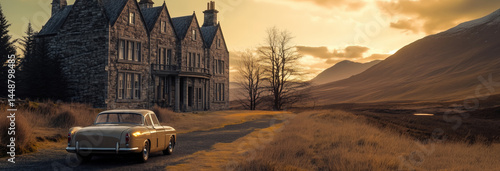 Obraz na płótnie Majestic Manor in Scottish Highlands at Sunset with Vintage Car w salonie
