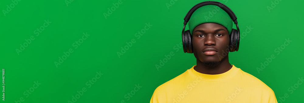 Young Man with Oversized Headphones in Studio