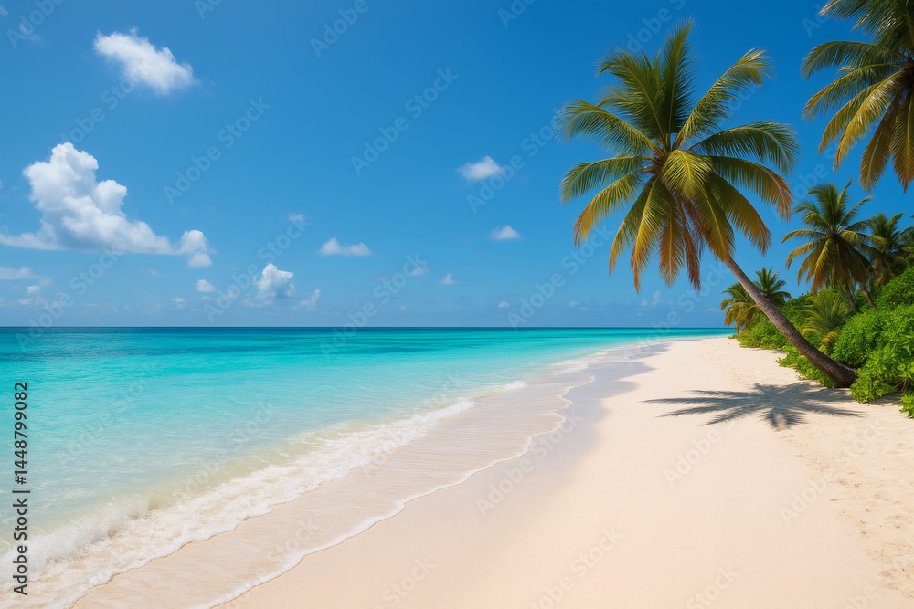 Turquoise water meets white sand beach under a sunny sky. Palm trees add to the beauty of this idyllic tropical coastal landscape. Turquoise water meets white sand beach under a sunny sky. Palm trees add to the beauty of this idyllic tropical coastal landscape.