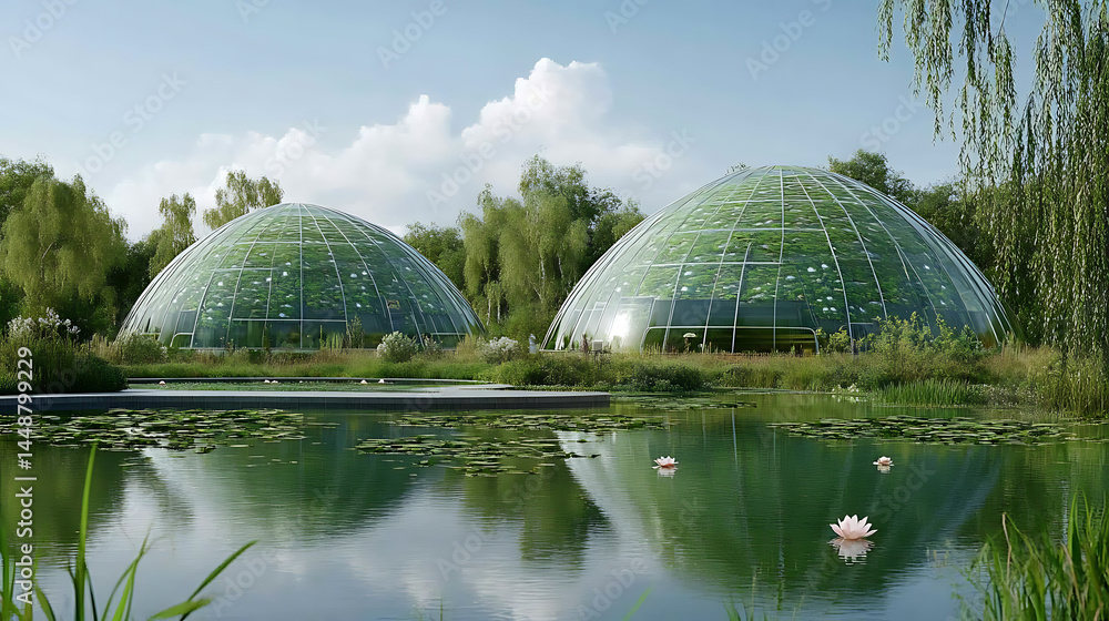 Fototapeta premium Modern greenhouses and lush pond scene